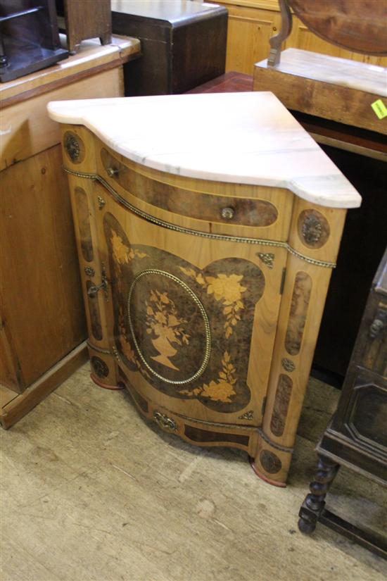 Marquetry inlaid corner cabinet with marble top